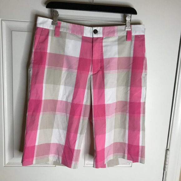 adidas Other - Adidas Men's Flat Front Plaid Golf Shorts Pink/Beige/White ~ Size 32